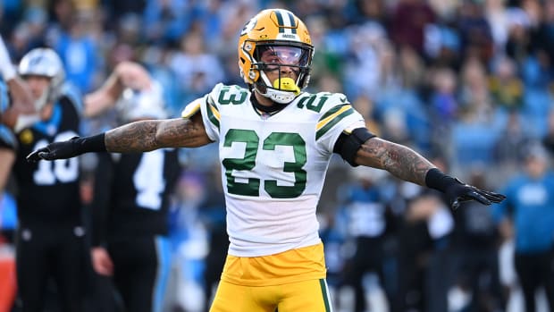 Green Bay Packers cornerback Jaire Alexander celebrates in Week 16 vs. the Carolina Panthers